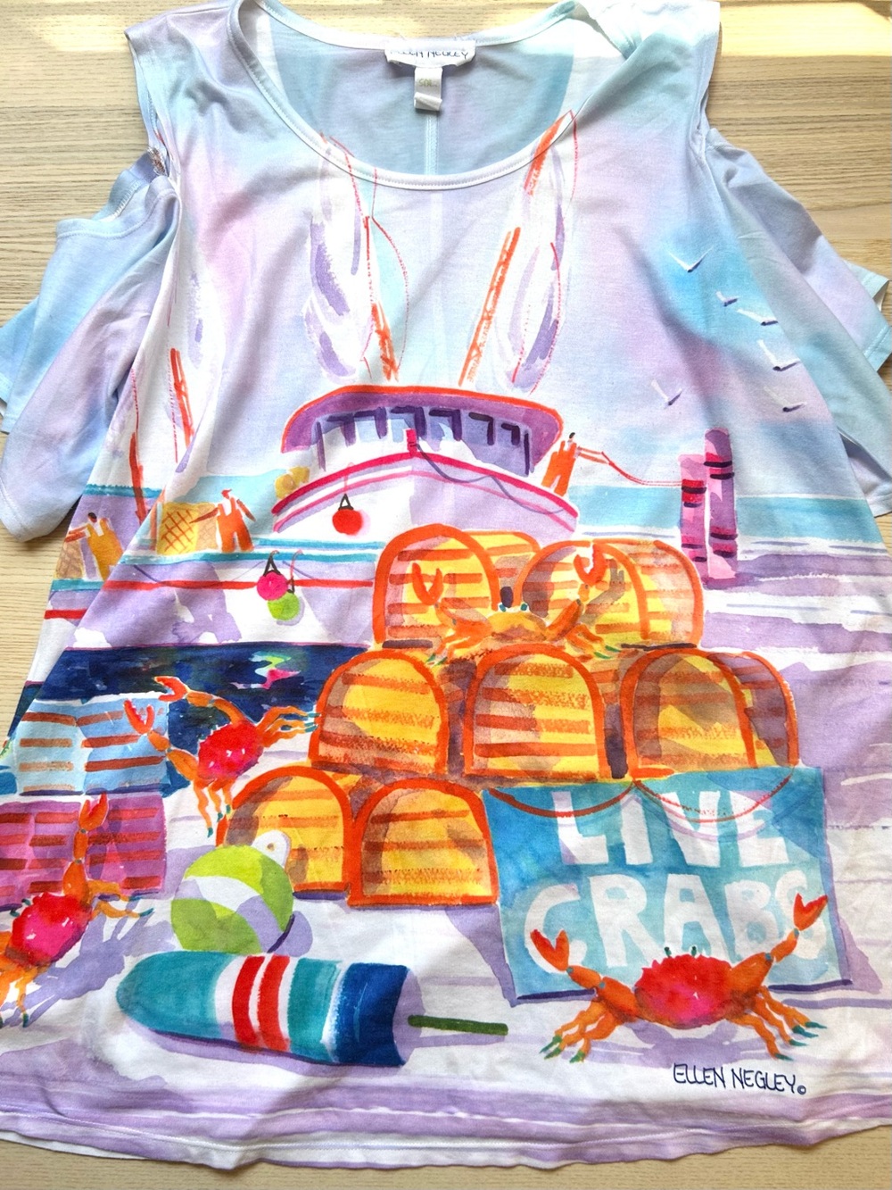 Ellen Negley Watercolor Coastal Cold Shoulder Top Resort Vacation Beach Size S